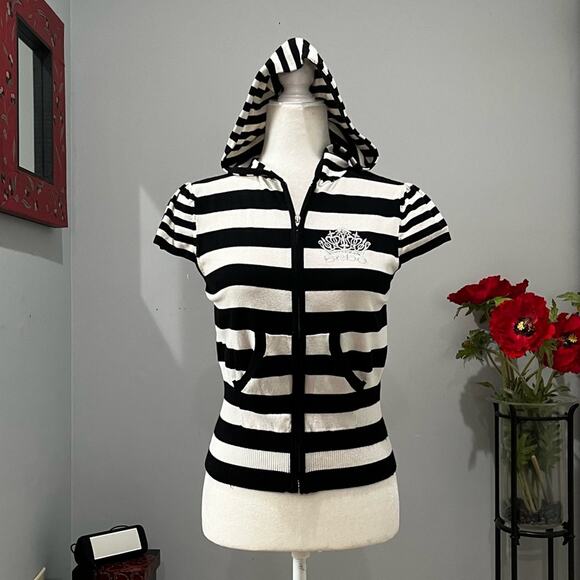 Bebe Silk Striped Y2K Bling Crown Rhinestone Athleisure Zipper Hoodie Sweater L - Picture 1 of 15